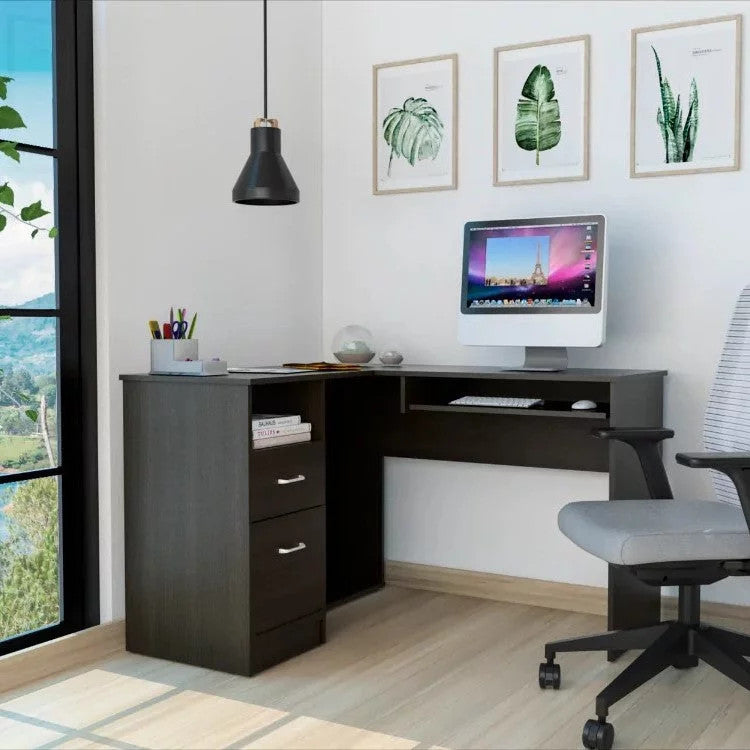 L-Shaped Desk, Large Worktop With Ample Storage Space & Keyboard, Light Gray, Black
