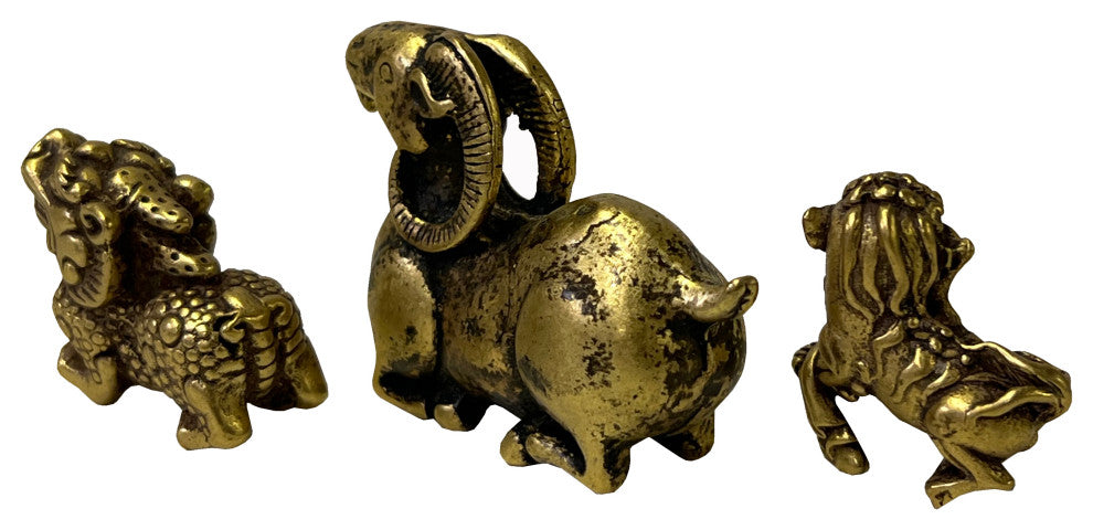 Set of 3, Chinese Copper Color Metal Ram Dragon Lion Fengshui Figures Hws2417