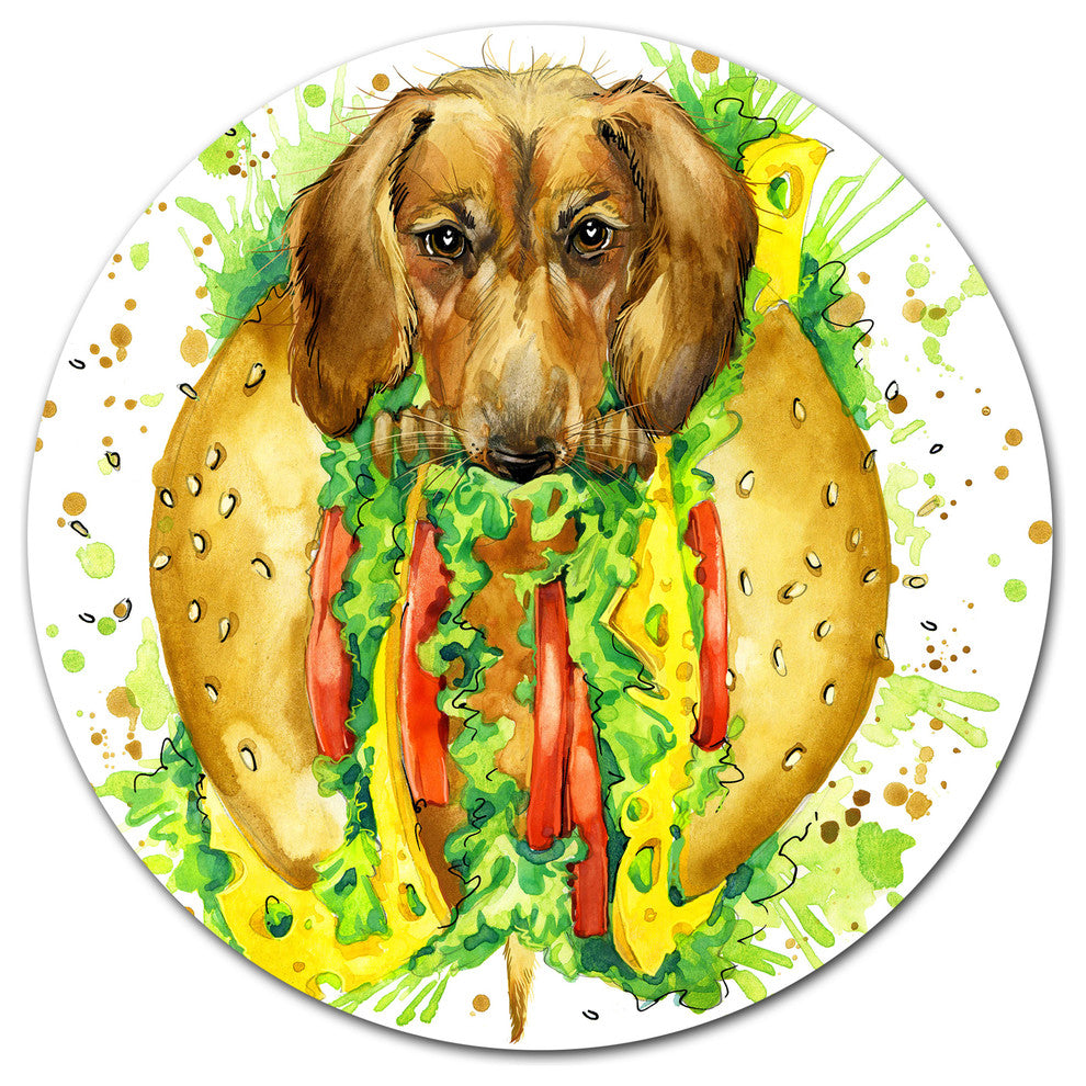 Funny Dog Inside Sandwich, Animal Art Disc Metal Wall Art, 11"