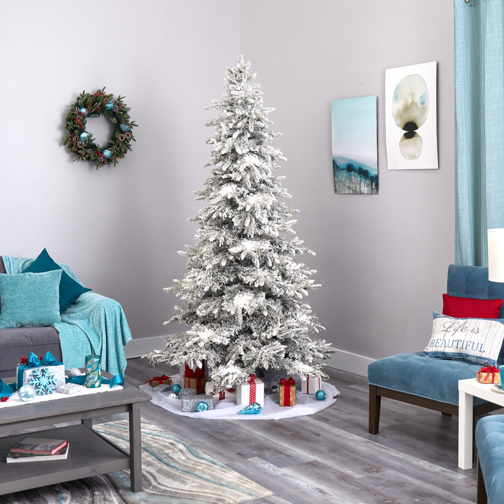 7.5' Flocked Grand Northern Rocky Fir Faux Xmas Tree W/Lights, Bendable Branches