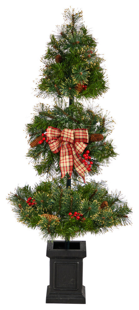 T3285 4 Christmas Artificial Topiary Tree With Decorative Ribbon and Berries