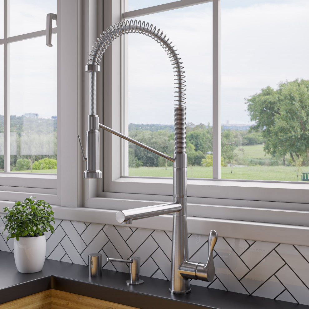 Double Spout Commercial Spring Kitchen Faucet, Brushed Nickel