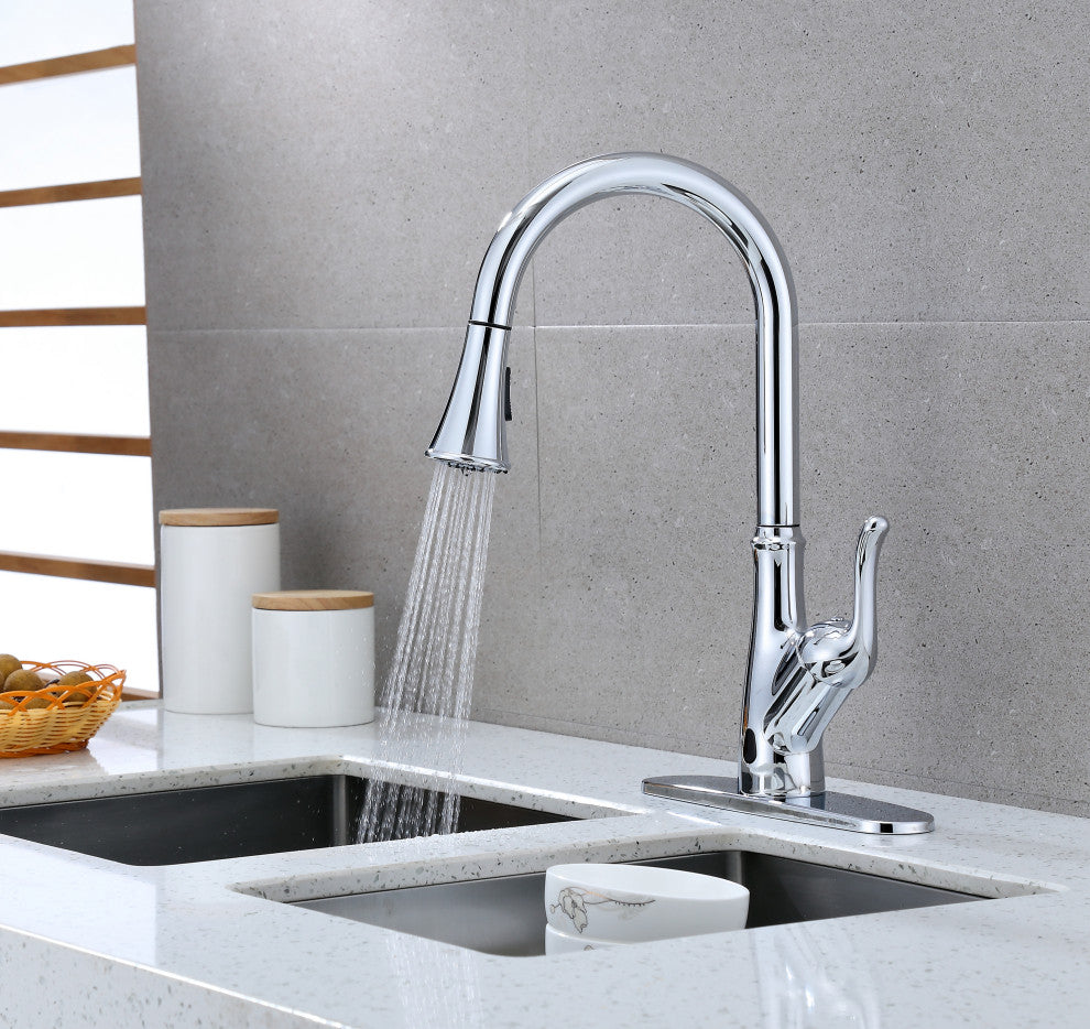 Runfine Hands Free Single-Handle Pull down Sprayer Kitchen Faucet, Chrome