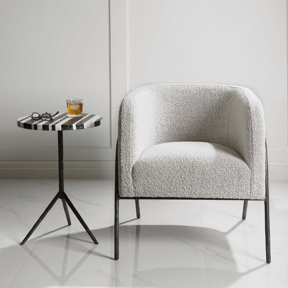 Retro Modern Gray Barrel Back Accent Chair Iron Frame Textured Fabric Scandi