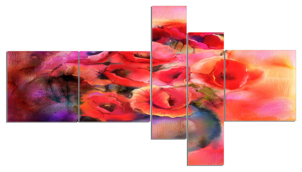 Bouquet Of Cute Poppies in Vase, Floral Canvas Print, 60"x32", 5 panels