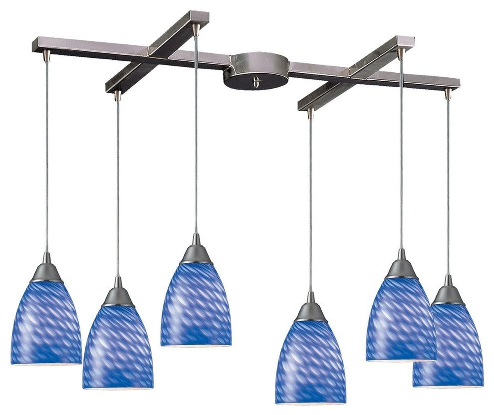 Arco Baleno 6-Light Satin Nickel Pendant, Sapphire Glass