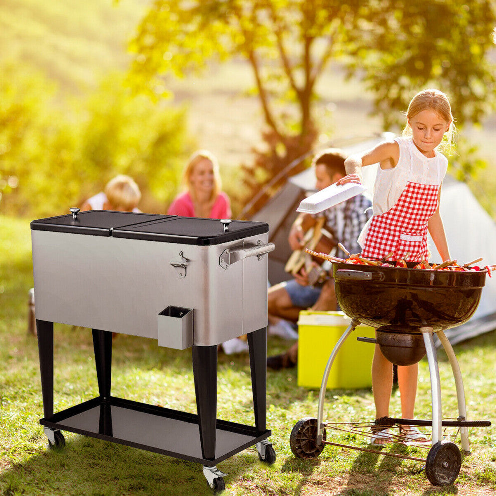 Costway Patio Cooler Rolling Outdoor Stainless Steel Ice Beverage Pool 80 Quart