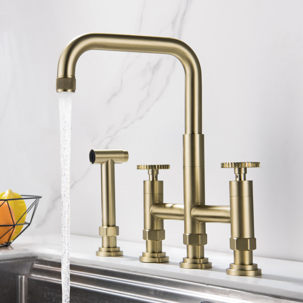 Deck-Mount Bridge Kitchen Sink Faucet With Dual Wheel Handles and Side Sprayer,