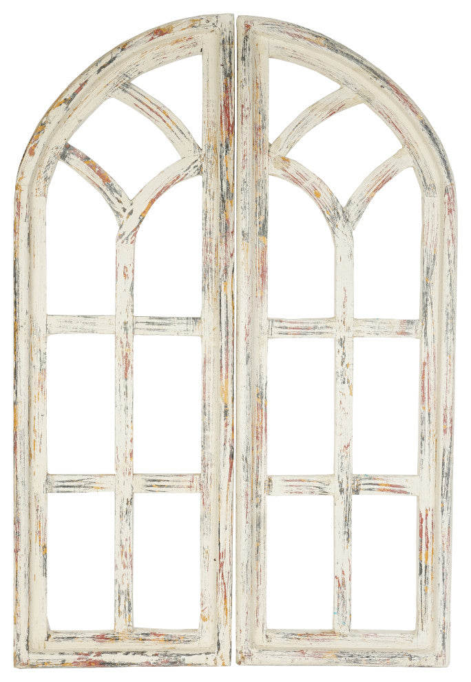 Gothic Revival Pair Architectural Wall Decor Windows 24x36", Shabby White