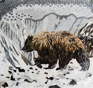 Mosaic Animal Art, Grizzly Bear In The Snow, 39"x39"