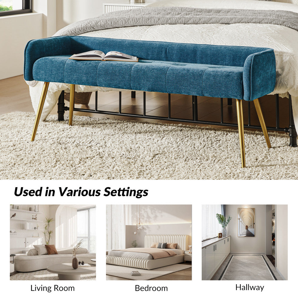 55.25"W Modern Upholstered Low Back Bench, Blue