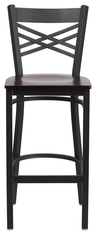 Black "X" Back Metal Restaurant Barstool, Walnut Wood Seat
