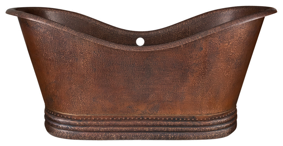 67" Hammered Copper Double Slipper Bathtub, Overflow Holes & Drain Package