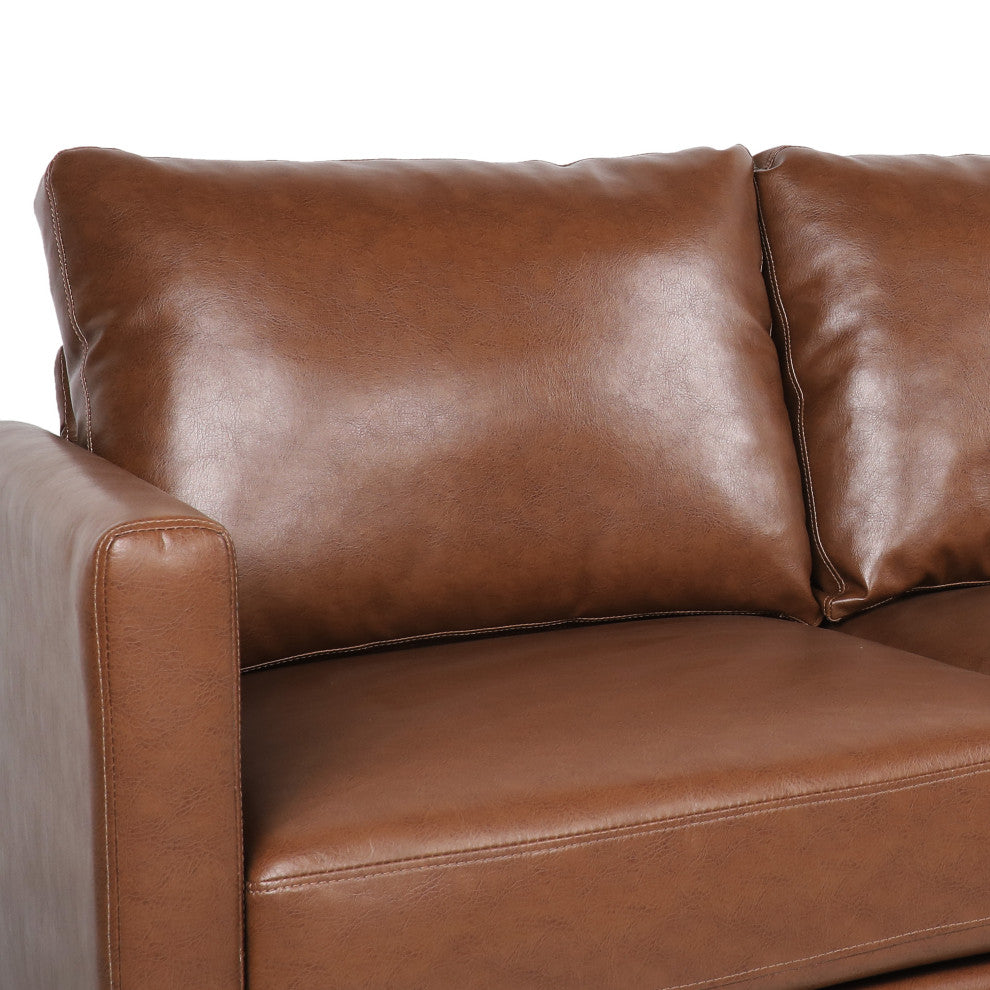 Dowd Mid Century Modern Faux Leather 3 Seater Sofa, Cognac Brown/Dark Brown