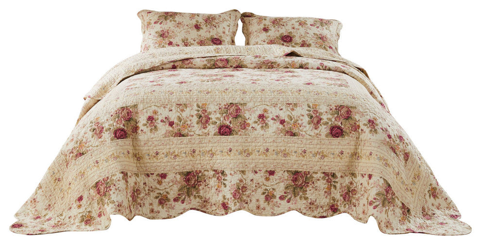 Benzara 3 Piece King Bedspread Set, Floral Print, Scalloped, Cream, Pink