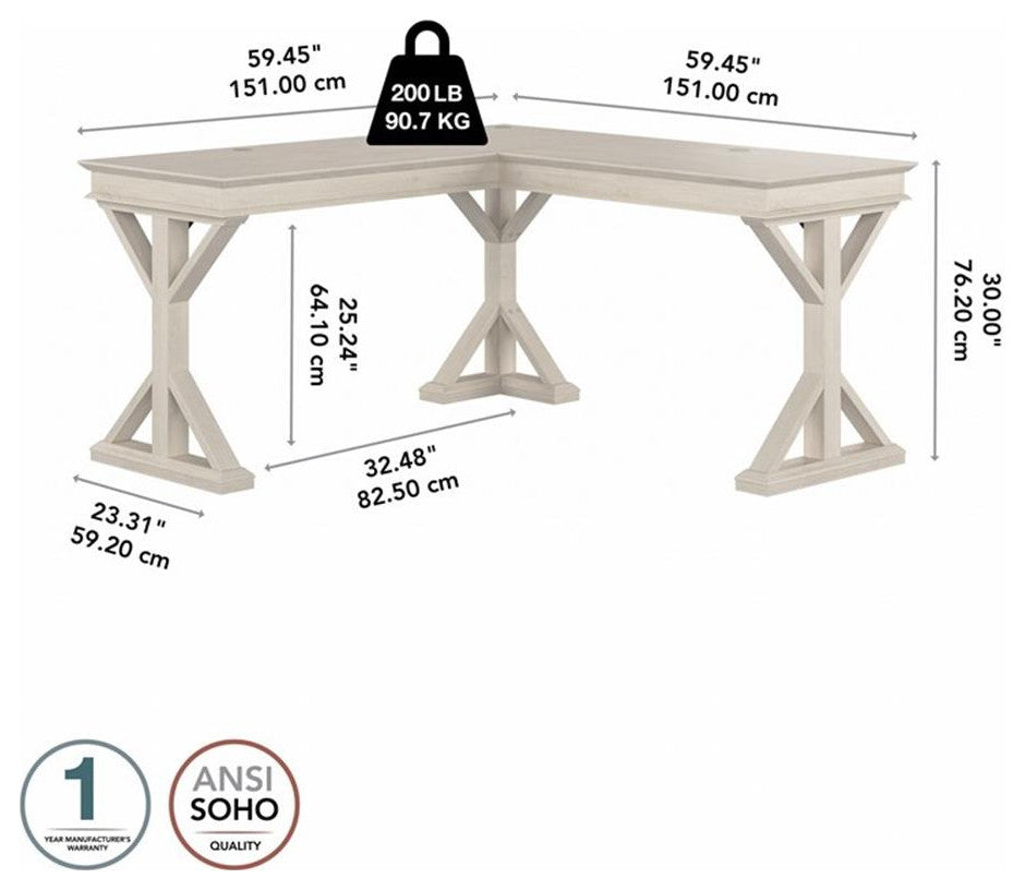 Bowery Hill 60W Farmhouse L Shaped Desk in Linen White Oak - Engineered Wood