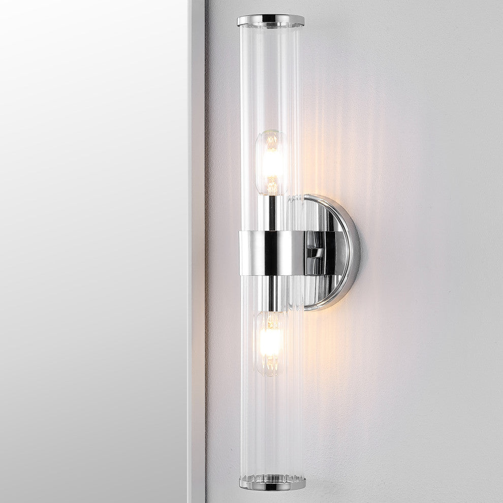 Cecil Tall Cylinder Iron/Striped Glass Modern LED Vanity, Chrome, 2-Light