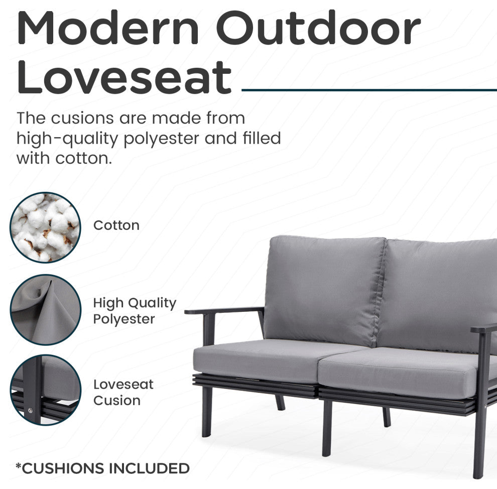 Leisuremod Walbrooke Patio Loveseat With Black Aluminum Frame, Gray