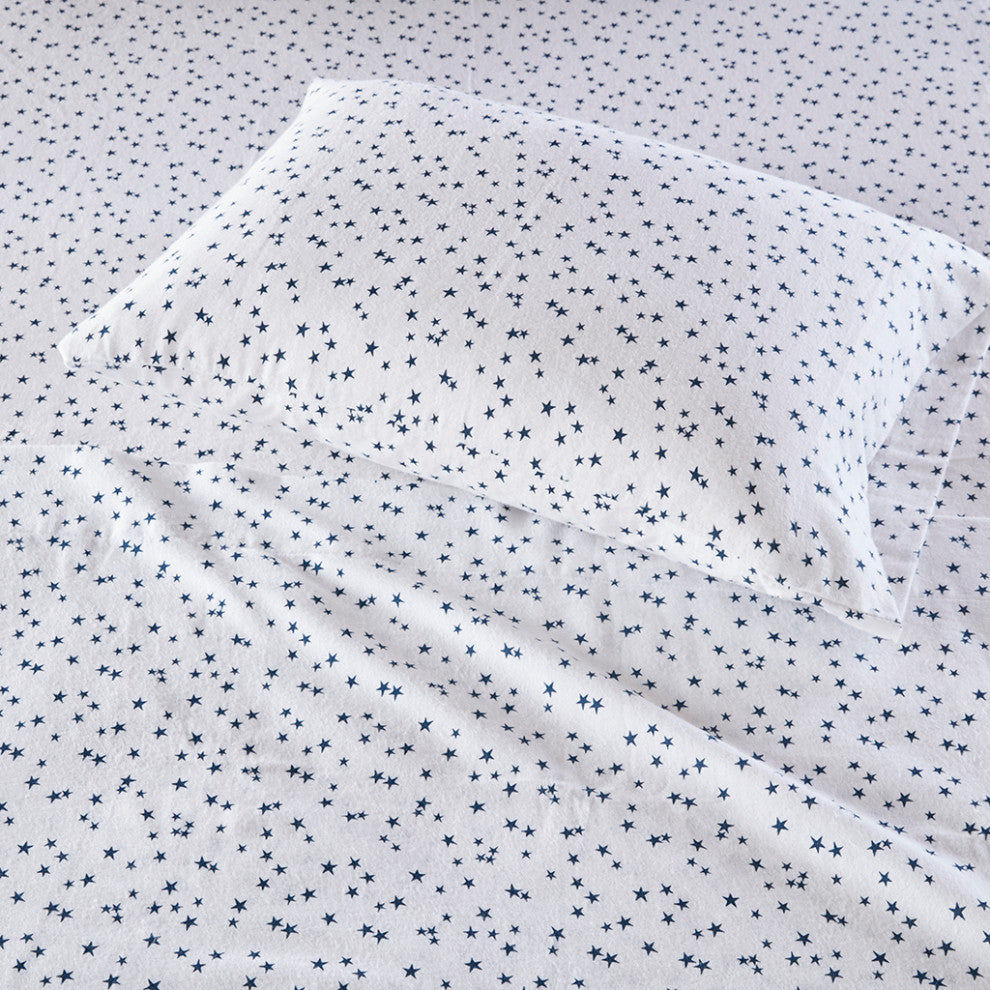 Intelligent Design Cozy Soft Cotton Flannel Printed Sheet Set, Blue Stars