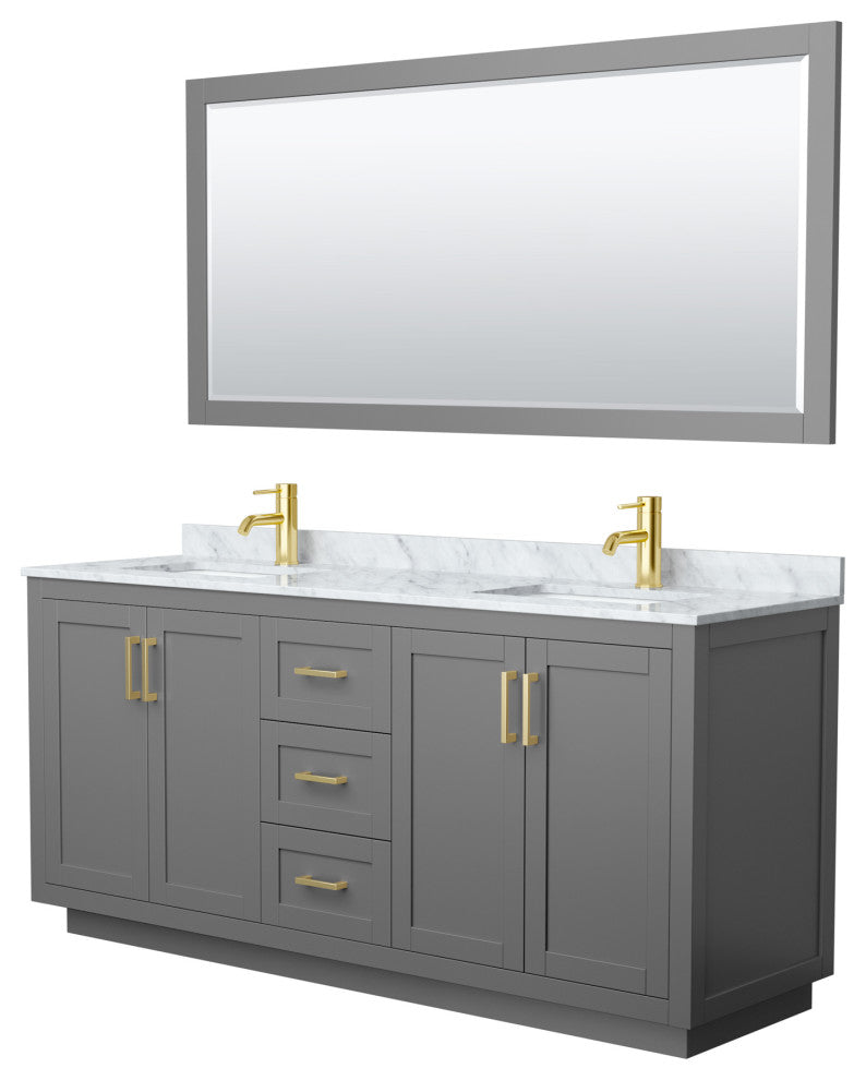 72"DBL Bathroom Vanity Dark Gray, Carrara Countertop, Sinks, Gold Trim,70"Mirror