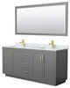 72"DBL Bathroom Vanity Dark Gray, Carrara Countertop, Sinks, Gold Trim,70"Mirror