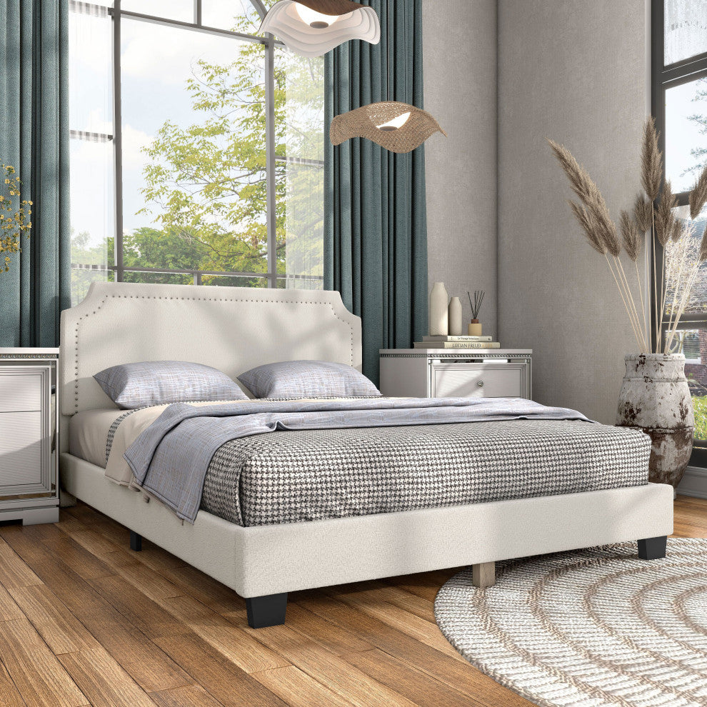 Miles White Boucle Upholstered Wood Frame Platform Bed, Queen, Naihead Trim