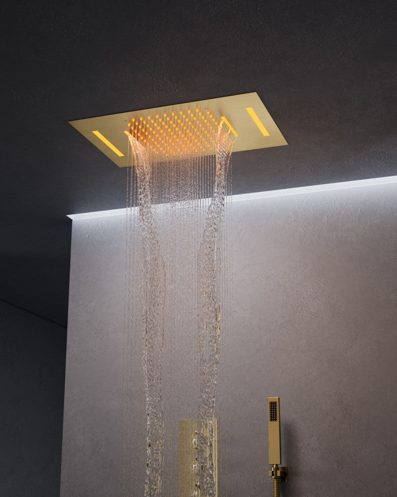 Thermostatic LED Shower System Rainfall Waterfall Shower Head w/ Hand Shower, Brushed Gold, 23 in.x 15 in.