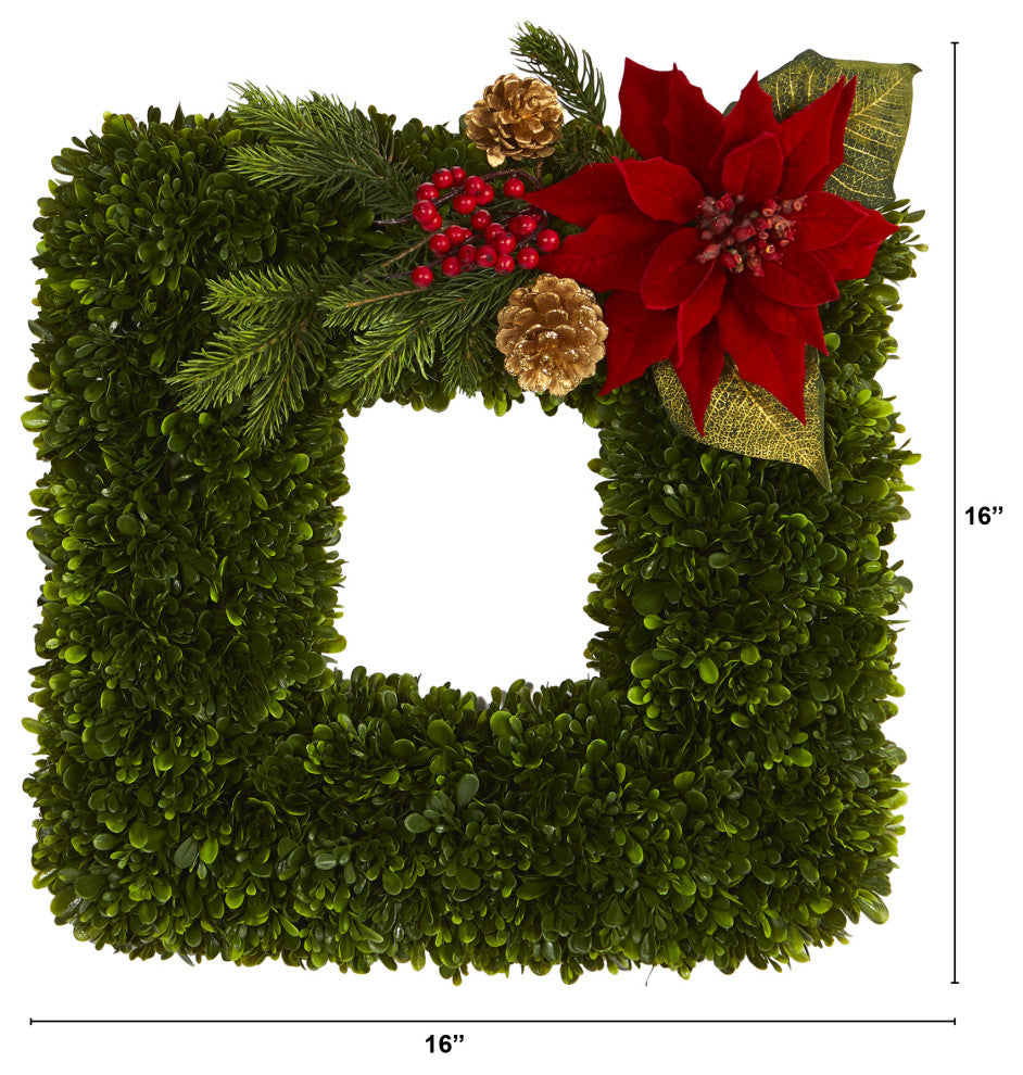 16" Tea Leaf and Poinsettia Artificial Square Wreath
