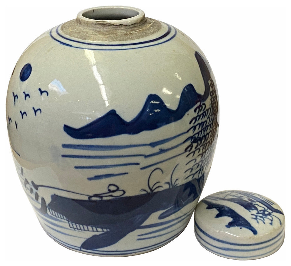 Chinese Oriental Small Blue White Scenery Porcelain Ginger Jar Hws1859