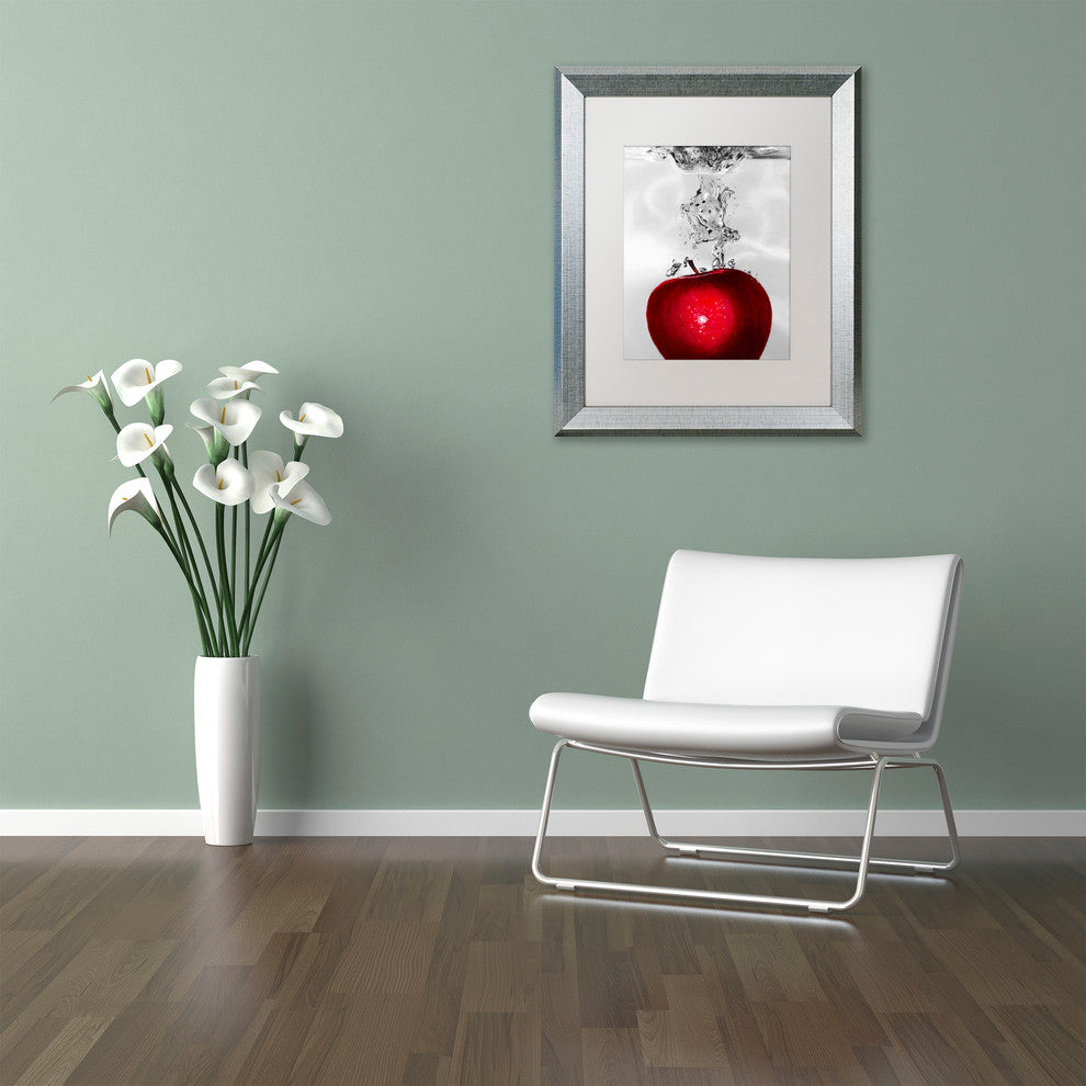 'Red Apple Splash' Silver Framed Canvas Art by Roderick Stevens