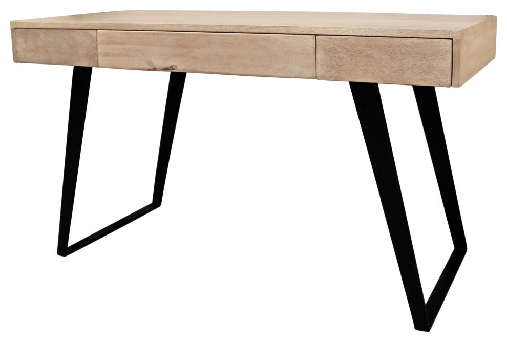 Sloane Solid Wood 3 Drawer Desk with Cast Iron Legs in Gray