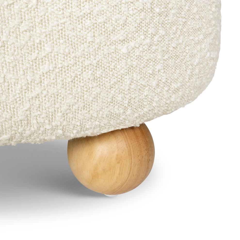 Tuffet Storage Ottoman, Performance Ivory Boucle With Honey Ball Feet