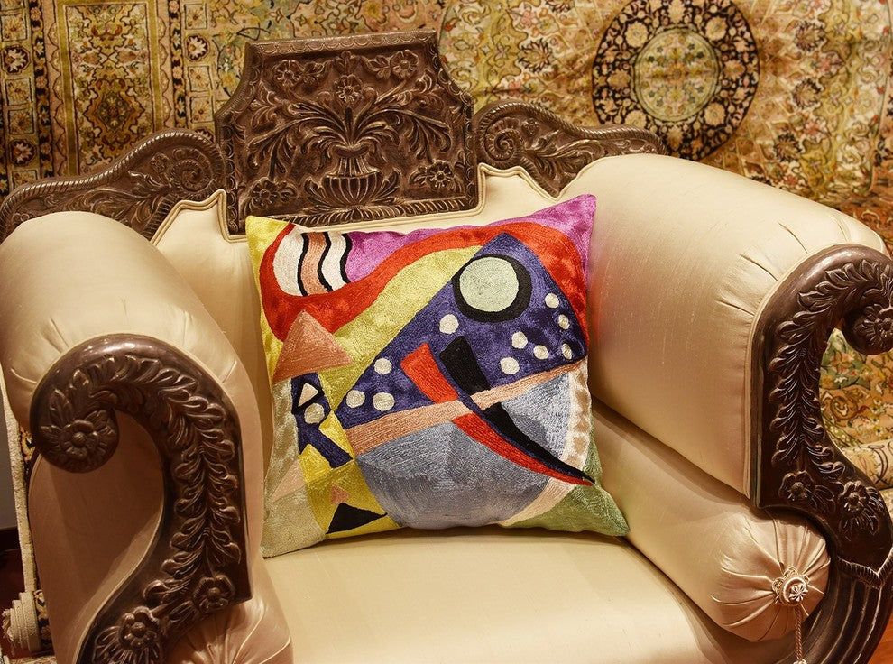 Kandinsky Abstract II Navy Purple Accent Pillow Cover Handmade Art Silk 18x18"