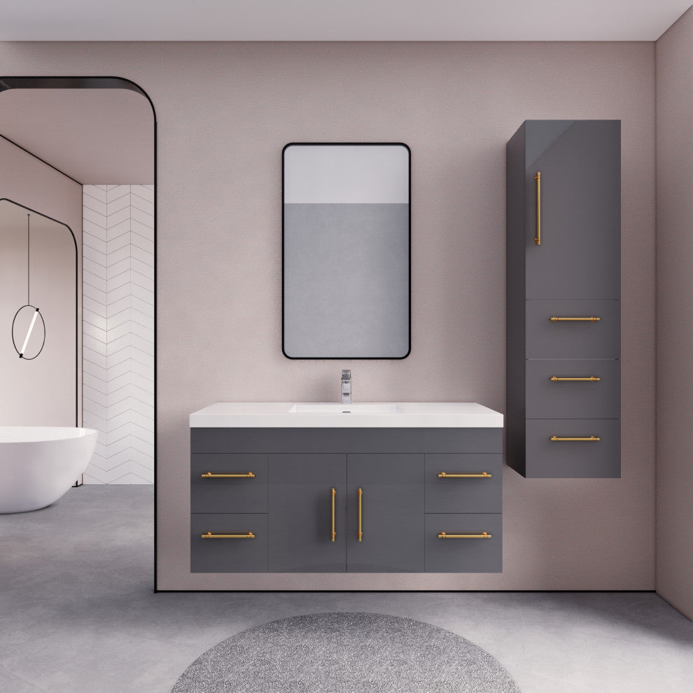 Rosa 48" Wall Mounted Modern Vanity, High Gloss Gray, Glossy White Top