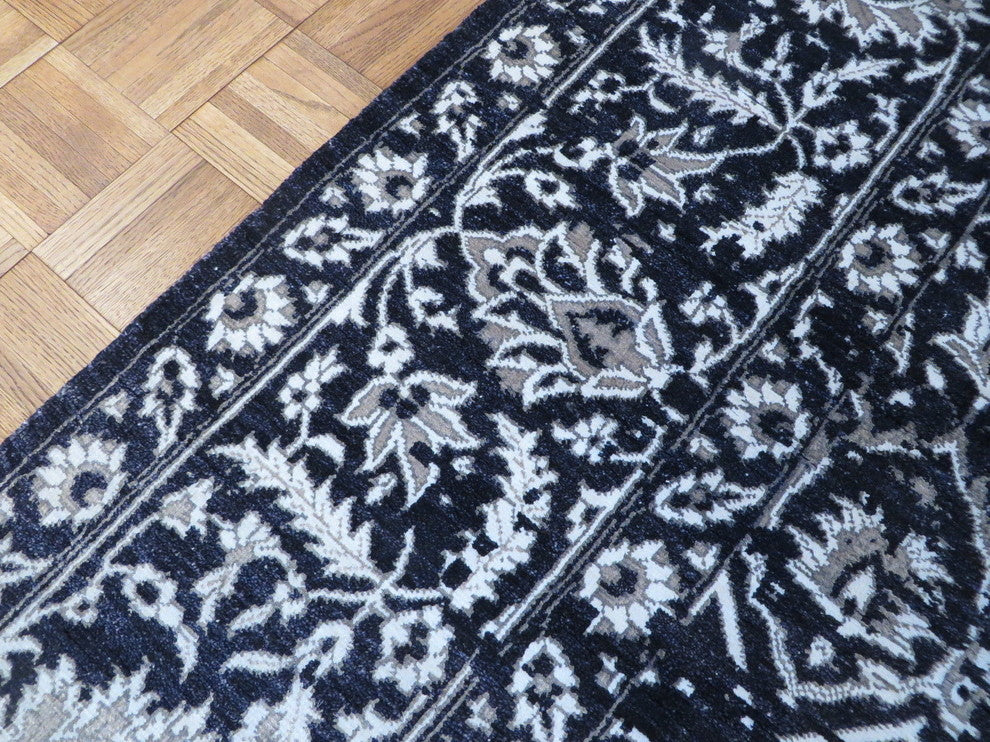 8x10 Hand Knotted Black Tone On Tone Wool & Silk Oriental Rug