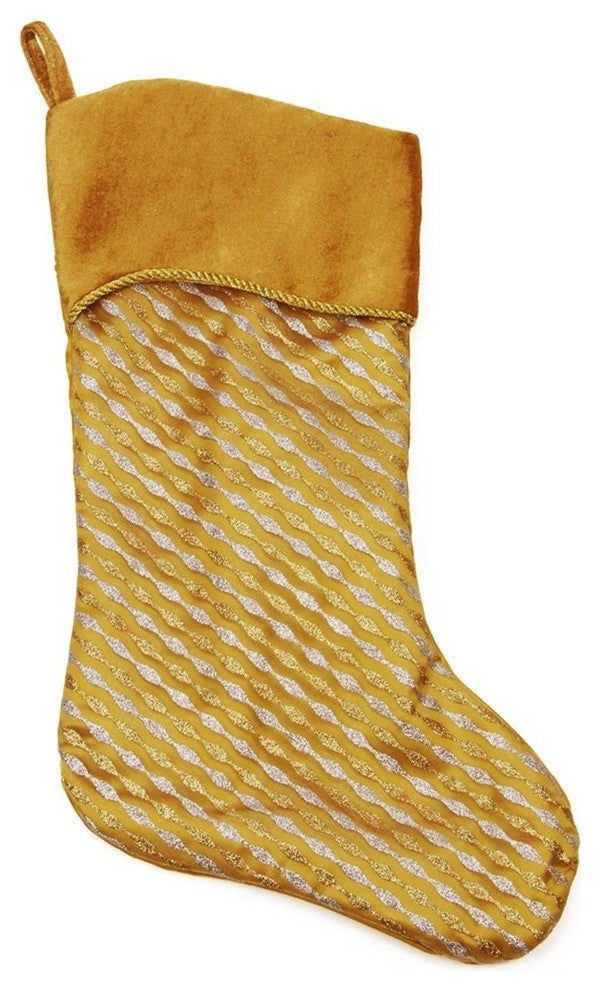 20" Glitter Striped Christmas Stocking With Shadow Velveteen Cuff, Gold