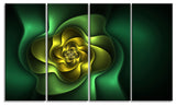 Fractal Green Flower on Black, Floral Canvas Art Print, 48"x28", 4 Panels