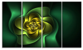 Fractal Green Flower on Black, Floral Canvas Art Print, 48"x28", 4 Panels