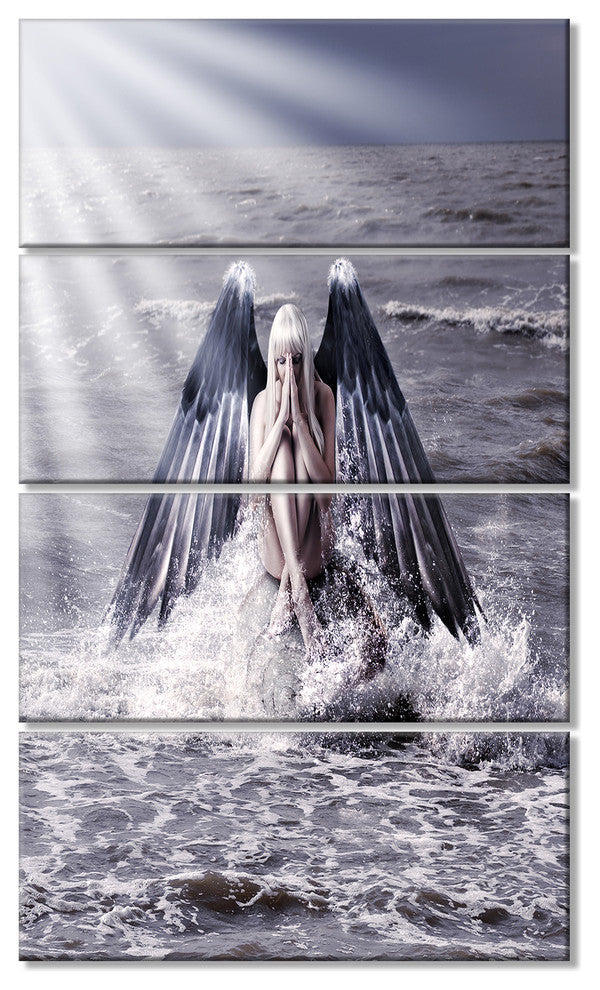 "Woman With Dark Angel Wings" Modern Beach Canvas Art Print, 4 Panels, 28"x48"