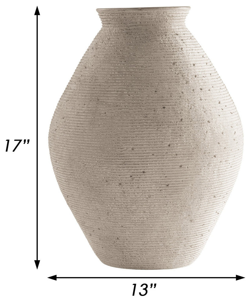 Benzara BM283065 17" Polyresin Vase, Tightly Ribbed Texture, Antique Beige