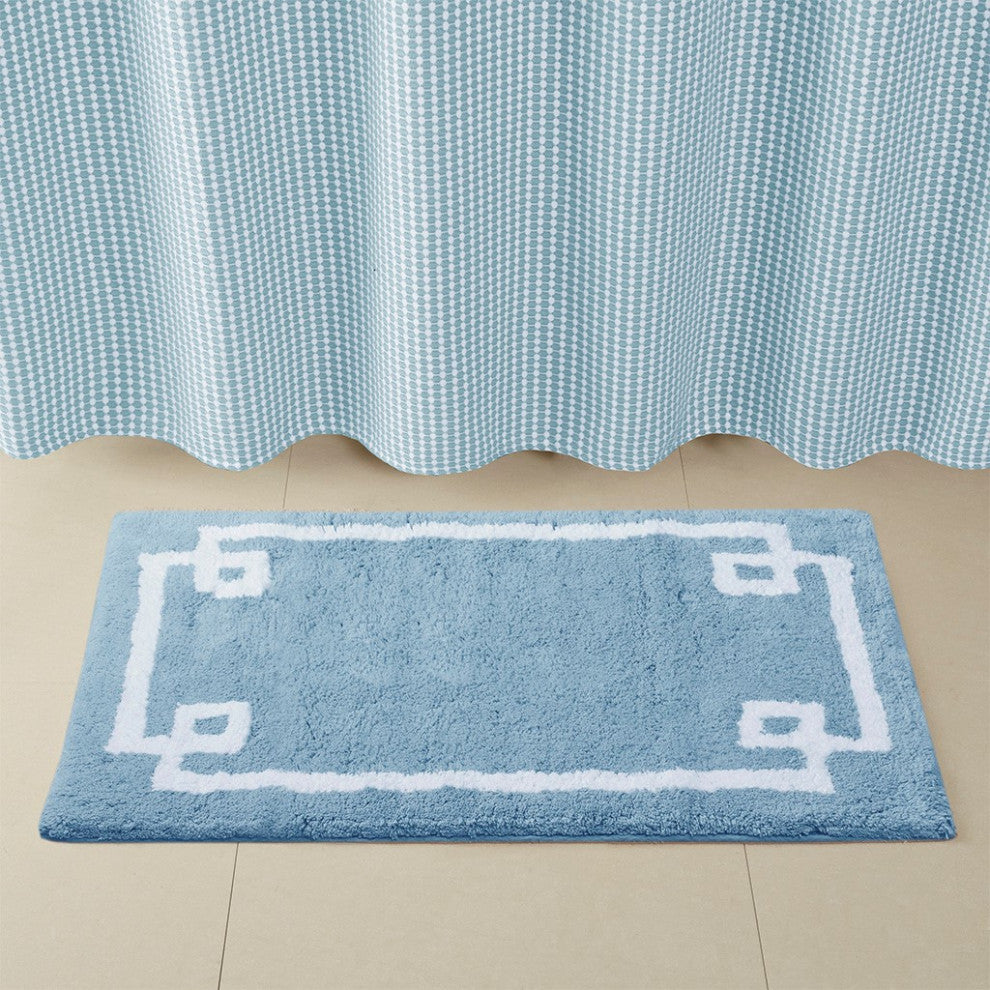 Madison Park Evan High Pile Bordered Bathroom Rug, Blue, Blue, Runner