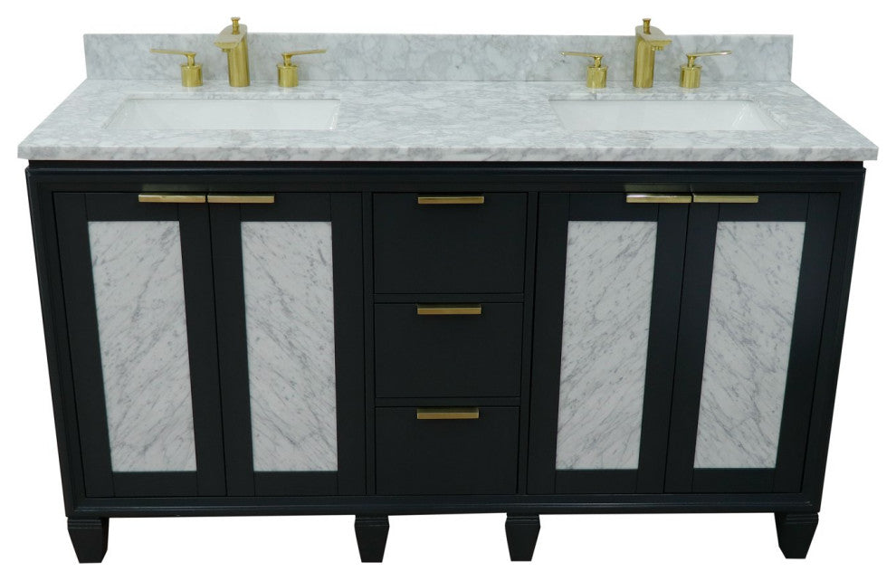 61" Double Sink Vanity, Dark Gray Finish With White Carrara Marble
