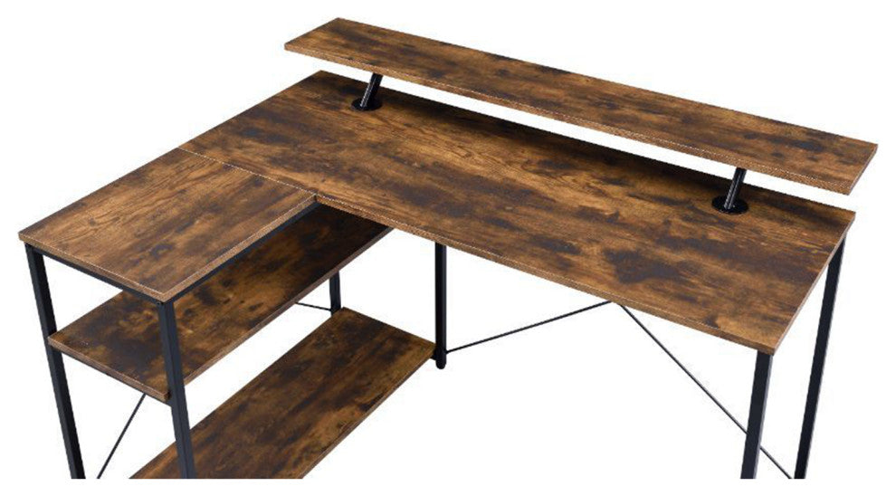 L Shape Wooden Writing Desk, Weathered Oak and Black Finish