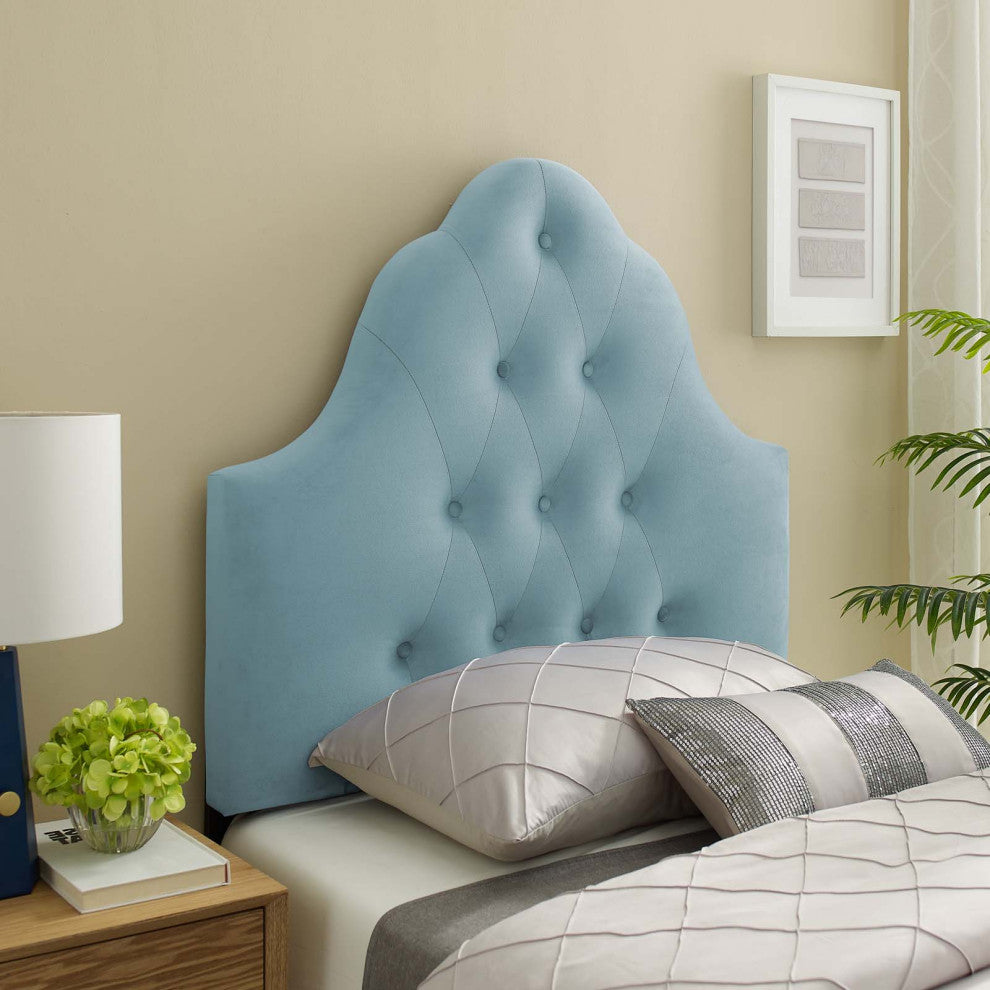 Contemporary Modern Twin Size Tufted Headboard, Velvet Fabric, Light Blue