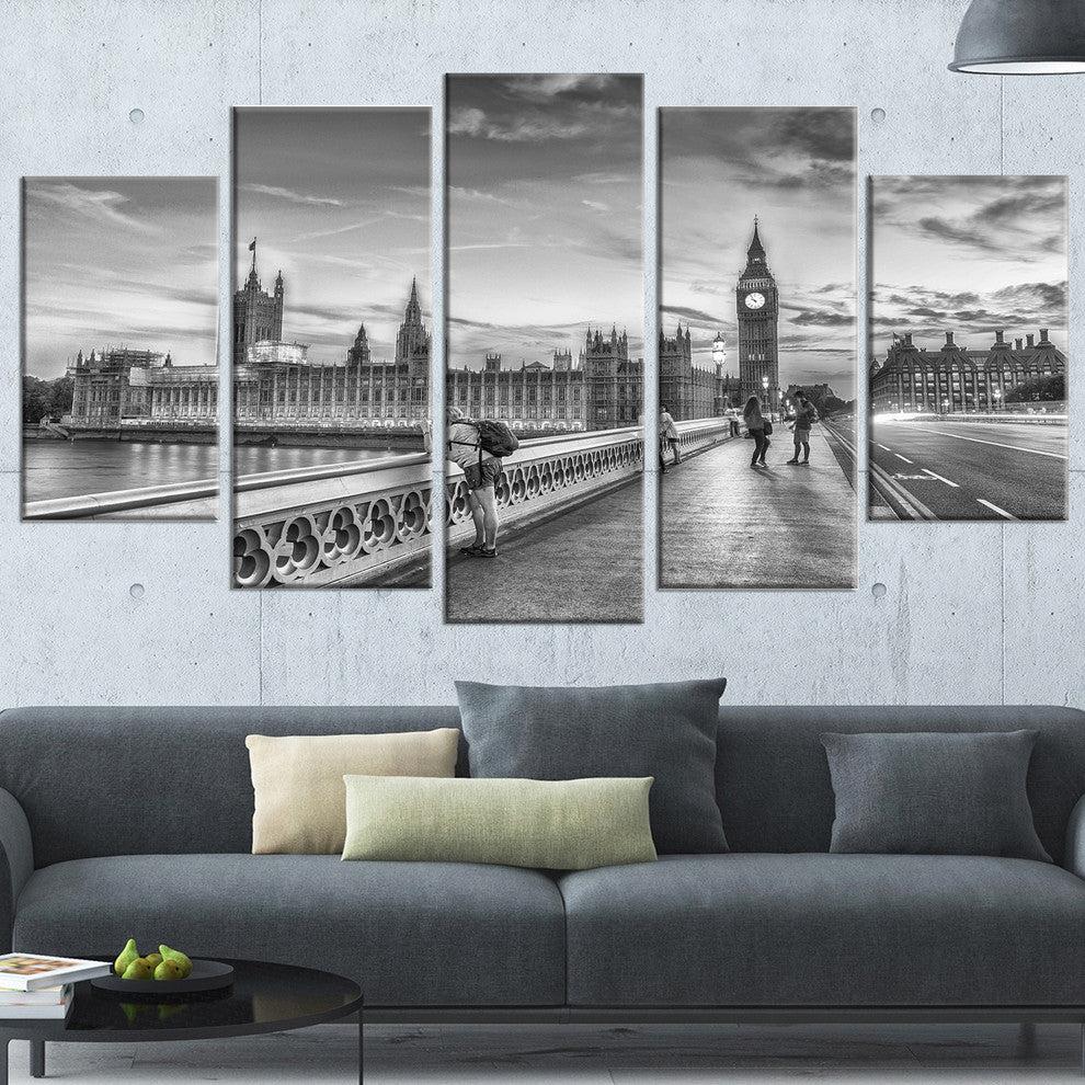 "Beautiful Black and White London View" Cityscape Wall Art, 60"x32", 5-Panels