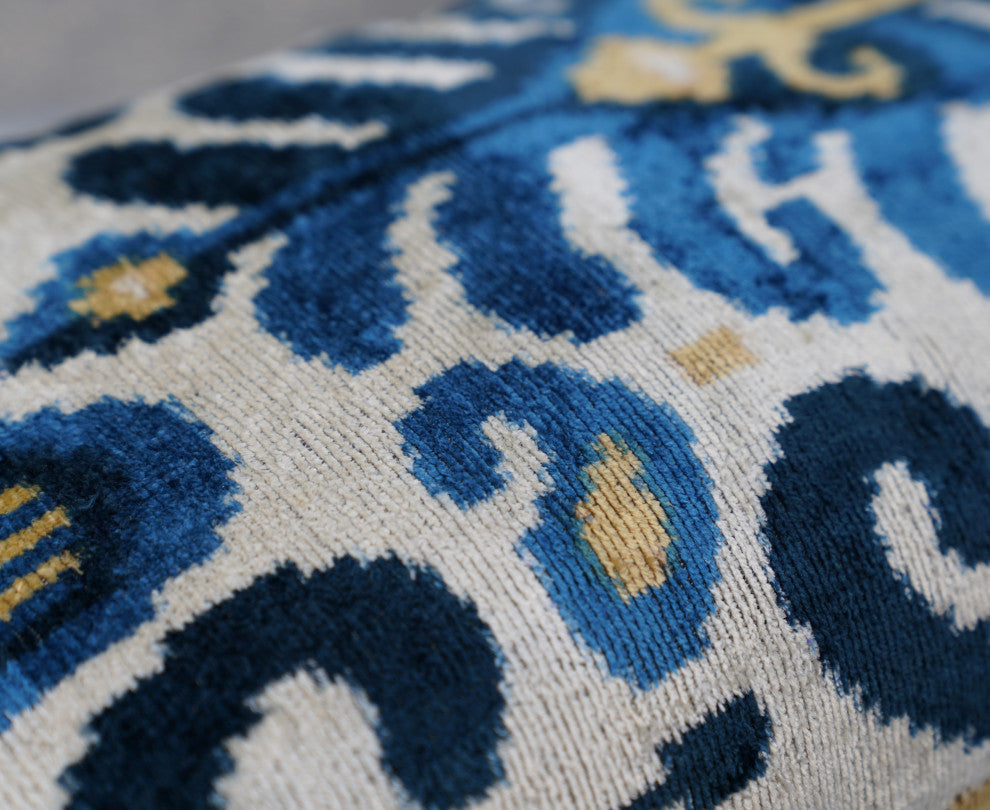 Canvello Handmade Gold Blue Velvet Throw Pillow Down Filled 16x24 in