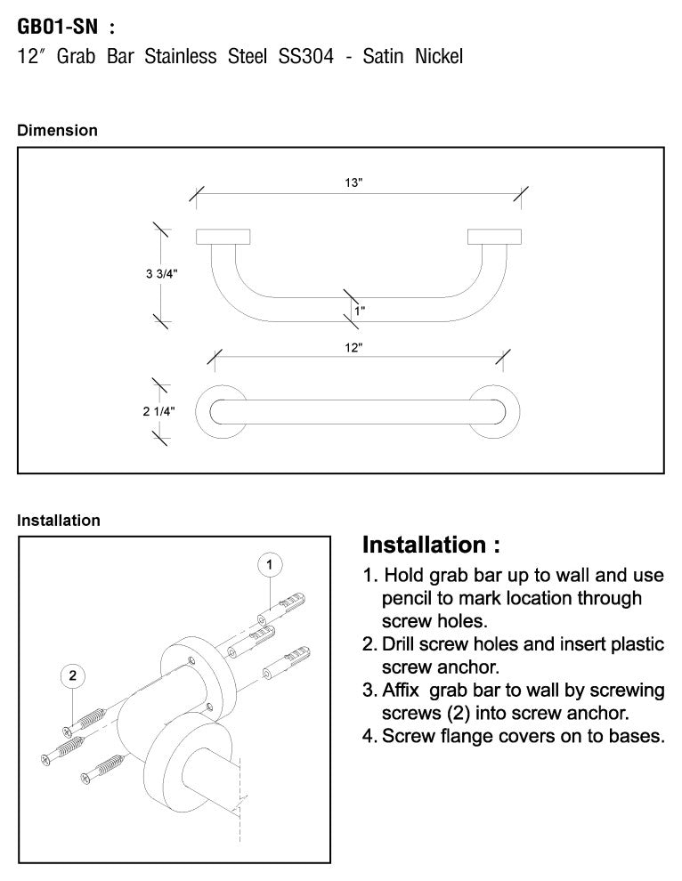 MODONA's 12" Wall Mounted Grab Bar SS304, Satin Nickel