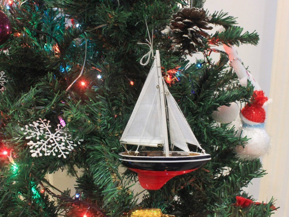 Sailboat Christmas Tree Ornament, Blue White and Red, 9"
