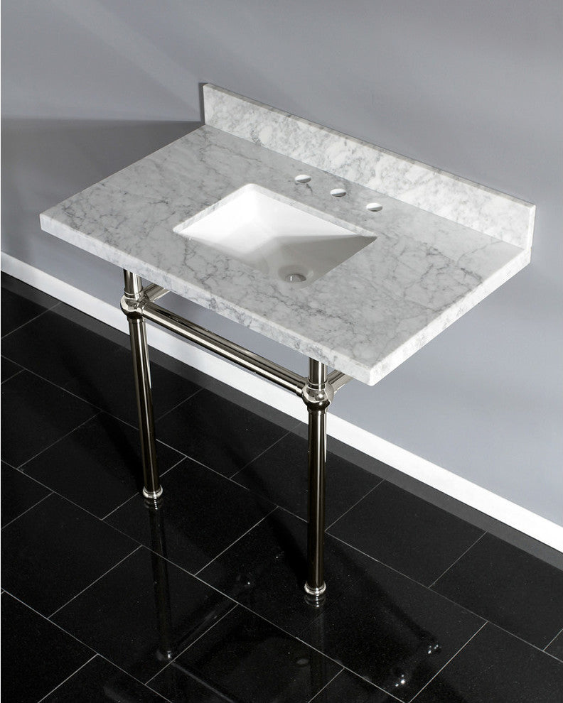 36X22 Marble Vanity Top w/Brass Console Legs, Carrara Marble/Polished Nickel