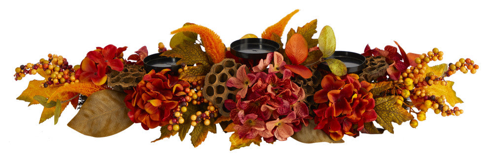 32" Fall Hydrangea, Lotus Seed and Berries Artificial Candelabrum Arrangement